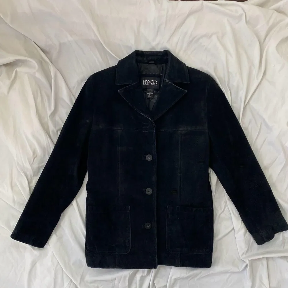 NY & Co Vintage Black Suede Tailored Button Up Elegant Boho Leather Jacket S - Picture 2 of 7